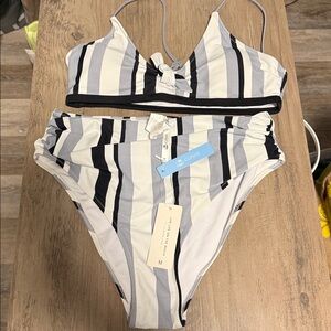 Cupshe Medium Striped 2 PC Bikini Top with Knot Detail & High Waist Bottoms